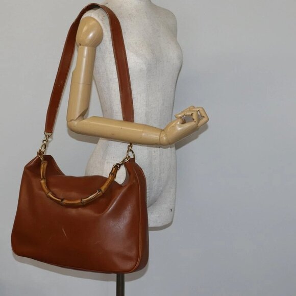 GUCCI Bamboo Shoulder Bag Leather 2way Brown Gold - Picture 14 of 16